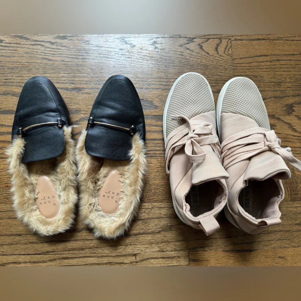 Women’s slip on shoe set: Taupe sneakers and black fur-lined mules, size 9